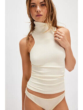 FREE PEOPLE ALWAYS READY SEAMLESS TURTLENECK TANK TOP SHIRT BEIGE XS/S NWT